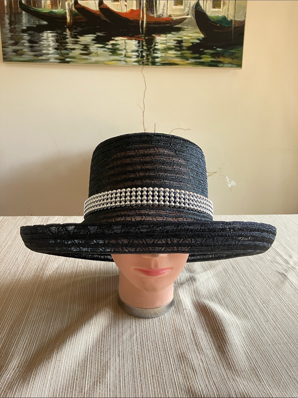 Elegant Black Wide-Brim Hat With Silver   Beaded Band